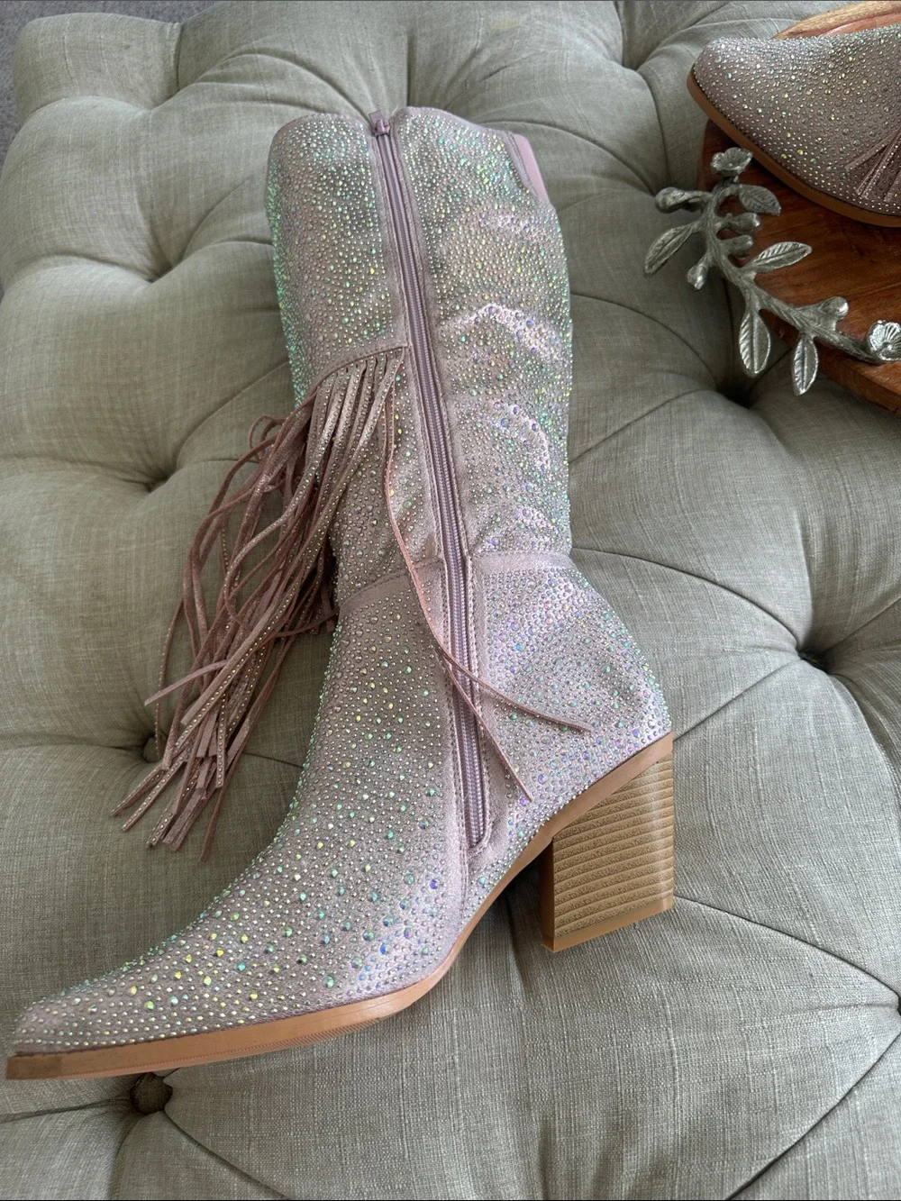 Fashion Nova Pink Rhinestone Fringe Western Boots